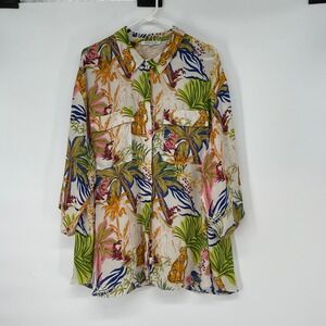 Rose Olive Womens 3X Tropical Leopard Palm Tree‎ Button Up Shirt Top Long Sleeve